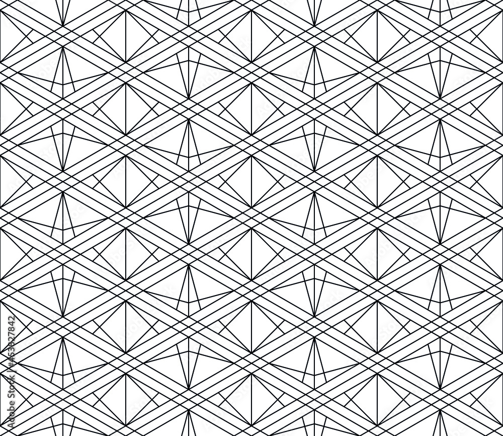 A seamless pattern based on elements of the traditional Japanese craft Kumiko zaiku. Thin lines of black color. A seamless pattern based on elements of the traditional Japanese craft Kumiko zaiku. Thin lines of black color.