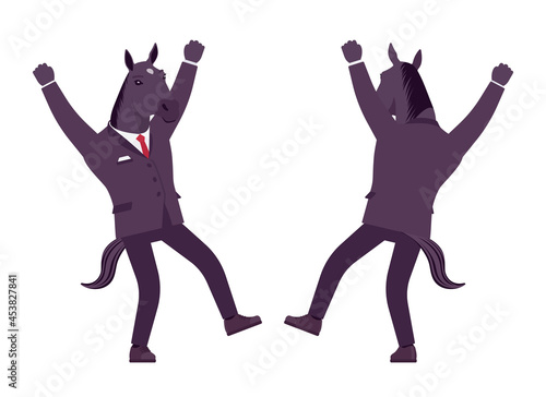 Horse man, large hoofed male animal, formal human wear, happy. Business person in dark strict suit, strong working office employee, equestrian. Vector flat style cartoon illustration, front, rear view