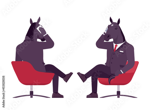 Horse man, hoofed male animal, human wear, talking by phone. Business person in dark strict suit, strong working office employee, equestrian. Vector flat style cartoon illustration, front, rear view