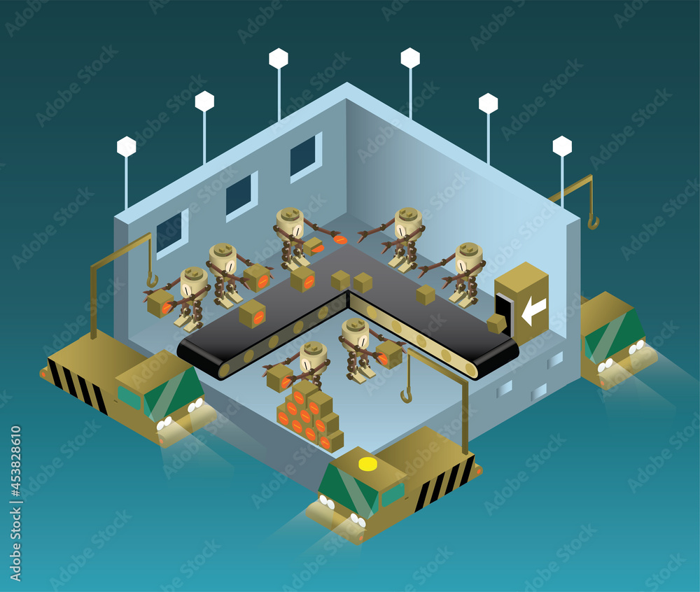 1980 sci-fi cyberpunk style isometric llustration of assembly line with ...