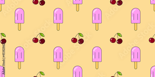 Ice cream and cherry seamless pattern. Vector ice cream background for design. Summer dessert concept.