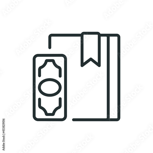 Book with money linear icon. Bookstore. Thin line customizable illustration. Contour symbol. Vector isolated outline drawing. Editable stroke