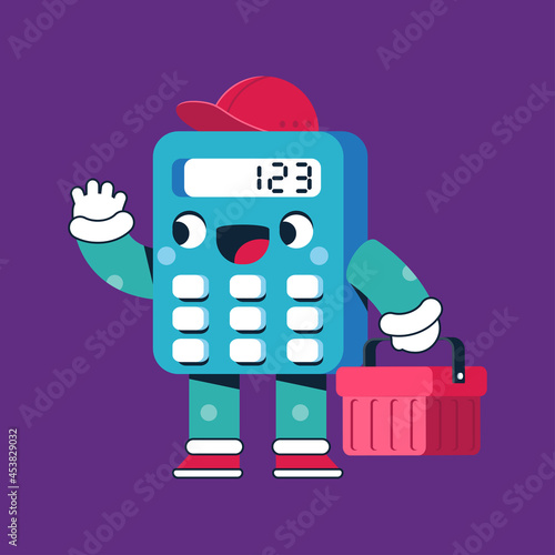 Cute calculator with shopping basket vector cartoon character isolated on background. Back to school concept illustration.