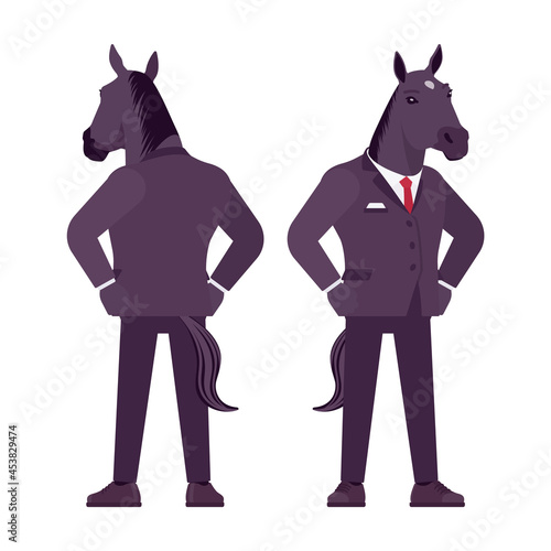Horse man, large hoofed male animal in formal human wear. Business person in dark strict suit, strong working office employee, equestrian. Vector flat style cartoon illustration, front and rear view