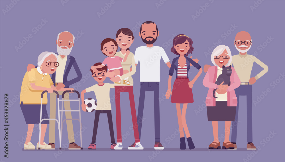 Multigenerational family, household, happy living together in support