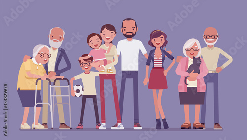 Multigenerational family, household, happy living together in support and care. Three generation portrait, parents, grandparents, baby and adult children together, pet cat. Vector illustration