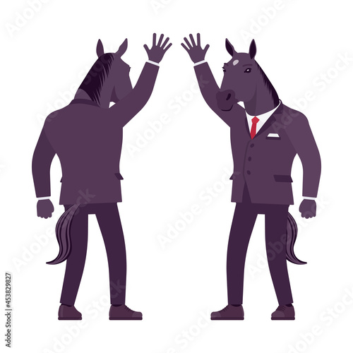 Horse man, hoofed male animal, formal human wear, wave hand. Business person in dark strict suit, strong working office employee, equestrian. Vector flat style cartoon illustration, front, rear view