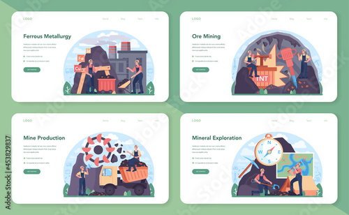 Ferrous metallurgy web banner or landing page set. Steel or metal extracting