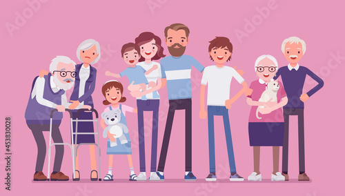 Multigenerational family, common household, happy living together in support, care. Three generation portrait, parents, grandparents, baby and adult children together, pet cat. Vector illustration
