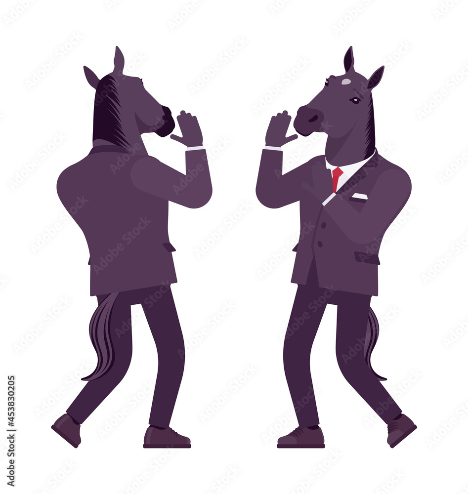 Horse man, large hoofed male animal, formal human wear, scared. Business person in dark strict suit, strong working office employee. Vector flat style cartoon illustration, front and rear view