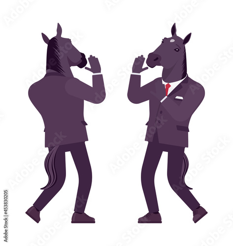 Horse man, large hoofed male animal, formal human wear, scared. Business person in dark strict suit, strong working office employee. Vector flat style cartoon illustration, front and rear view