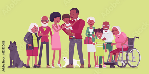 Multigenerational black family, common household, people living together in support. Four generation portrait, parents, grandparents, great-grandparent, children together, pets. Vector illustration