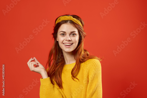woman in a yellow sweater with a bandage on her head Hipster accessories studio © SHOTPRIME STUDIO