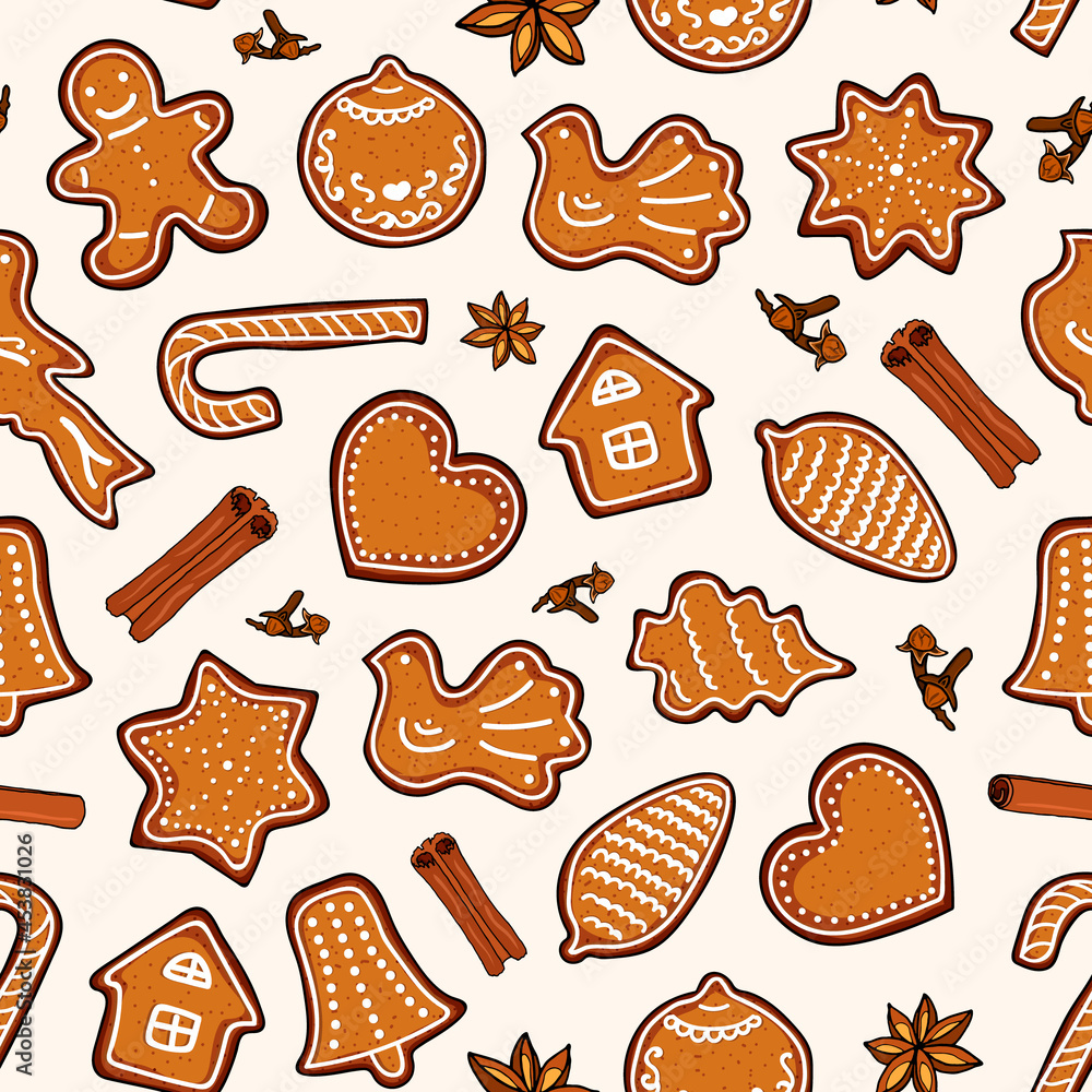 New Year card. Baking with cinnamon, cloves. Hand drawing. Vector illustration in a cartoon style. Beige background. New Year card. Baking with cinnamon, cloves. Hand drawing. Vector illustration in a cartoon style. Beige background.