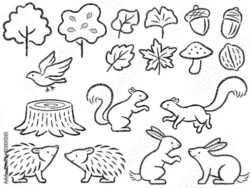 森の小動物達の手描き風線画イラスト