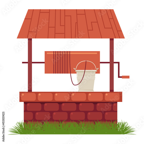Water well with bucket vector cartoon illustration isolated on a white background.
