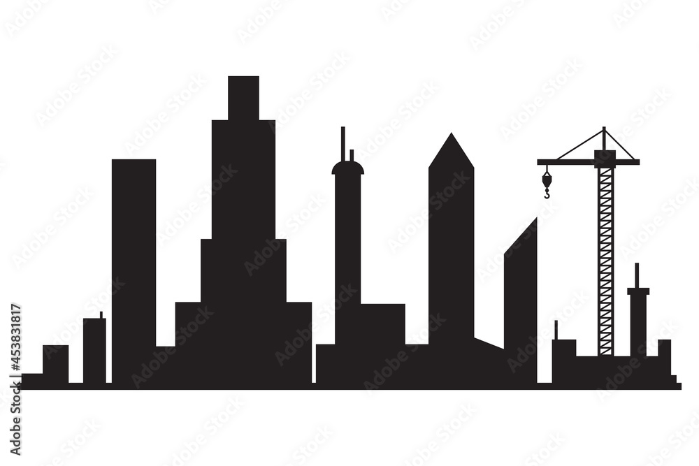 Big city skyline vector black silhouette isolated on a white background.