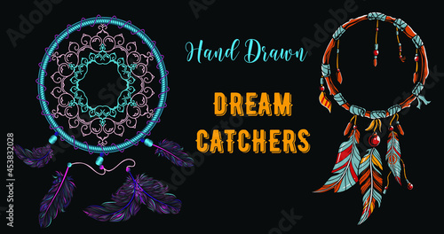 Bohemian dreamcatcher Watercolor decoration. Boho feathers decoration. Native dream. Mystery ethnic tribal print. American culture design. Hand drawn vector illustration