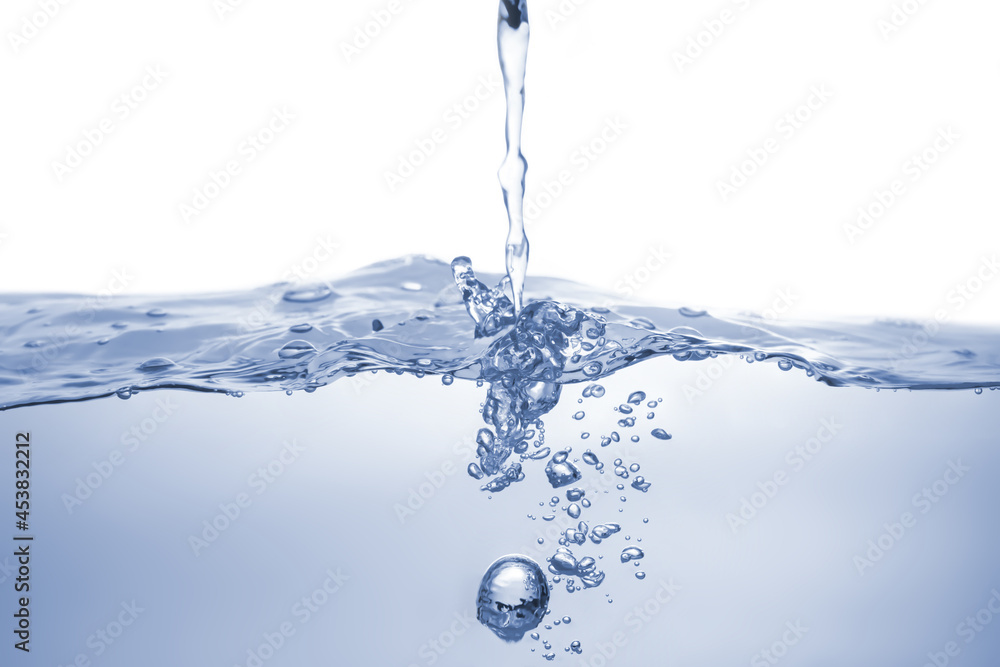 Water splash Aqua flowing in waves and creating bubbles Drops on the water surface feel fresh and clean isolated on white background. Water splash Aqua flowing in waves and creating bubbles Drops on the water surface feel fresh and clean isolated on white background.