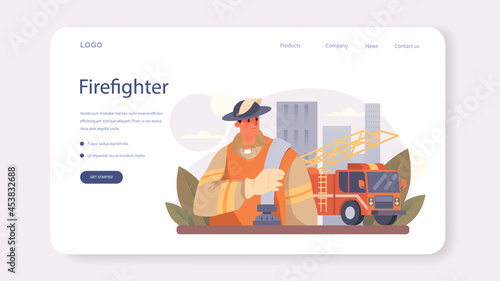 Firefighter web banner or landing page. Professional fire brigade fighting