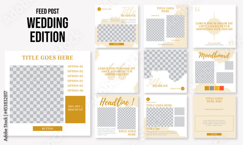 Set of editable social media instagram post wedding, romantic, marry with gold rustic design vector template ai & eps 10