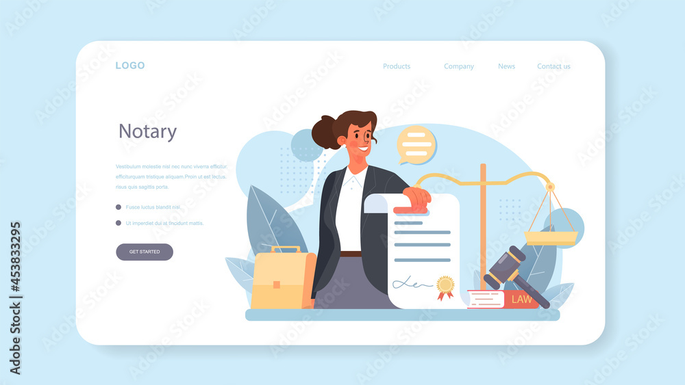 Notary service web banner or landing page. Professional lawyer signing Notary service web banner or landing page. Professional lawyer signing