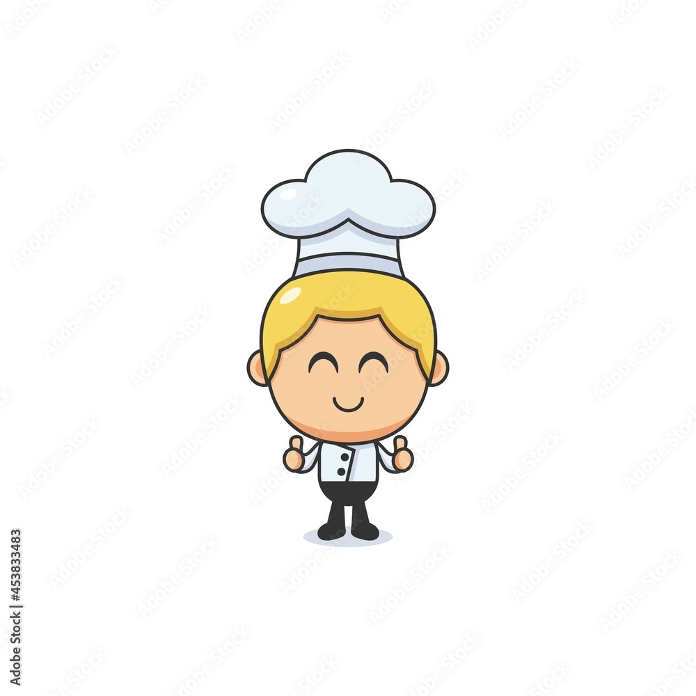 Cute cartoon chef with double thumbs up and smiling face Cute cartoon chef with double thumbs up and smiling face