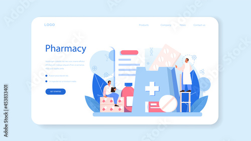 Pharmacy web banner or landing page. Pharmacist preparing