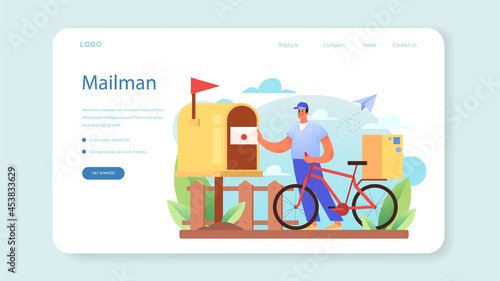 Postman profession web banner or landing page. Post office staff