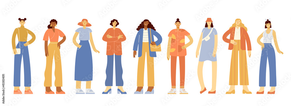 Set of full length modern women. Young female people with different hairstyles, skin colors and ethnicities. Group of girls of various nationality in casual outfit. Vector illustration, flat design