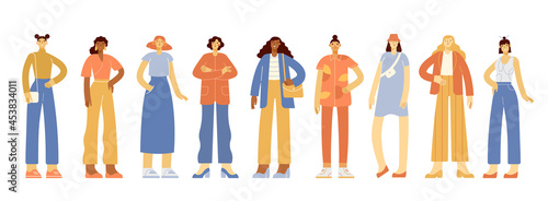 Set of full length modern women. Young female people with different hairstyles, skin colors and ethnicities. Group of girls of various nationality in casual outfit. Vector illustration, flat design