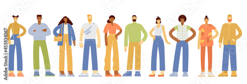 Set of full length modern male and female characters. Multinational young adult people. Men and women with various ethnicities. Vector illustration, flat design. Isolated on white background