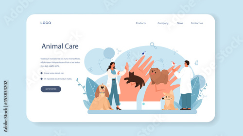Pet veterinarian web banner or landing page. Veterinary doctor checking