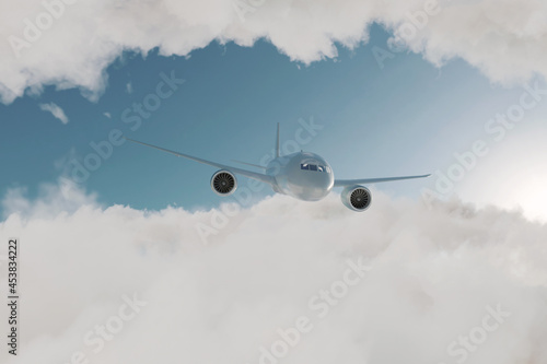 3d rendering of an airplane flying over clouds
