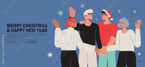 Creative or business team wish clients, partners or customers happy winter holidays. Merry christmas or new year banner, web site or page christmas greeting template with male and female characters.