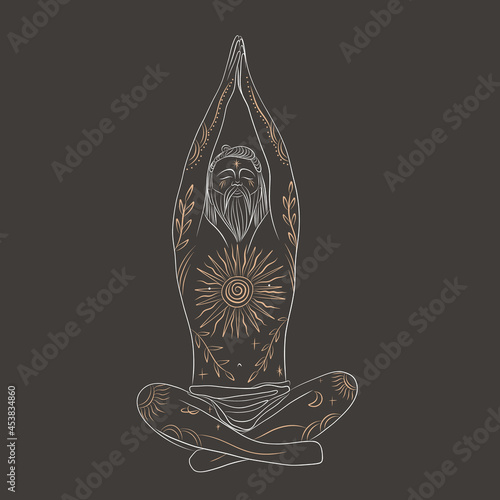 yoga character image. meditation as a lifestyle, god and goddess with golden tattoos. energy of space, tarot cards
