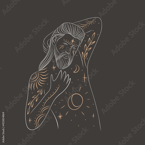 yoga character image. meditation as a lifestyle, god and goddess with golden tattoos. energy of space, tarot cards
