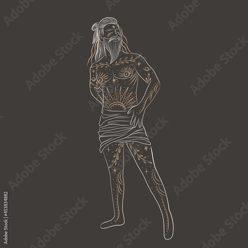 yoga character image. meditation as a lifestyle, god and goddess with golden tattoos. energy of space, tarot cards
