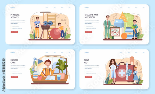 Healthy lifestyle class web banner or landing page set. Idea of life safety