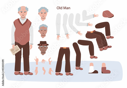 Senior character animation set. Old man with various views, hairstyles,