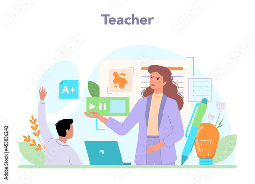 Teacher concept. Professor giving a lesson online or in a classroom