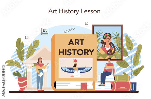 History of art school education. Student studying art history. Teacher tell