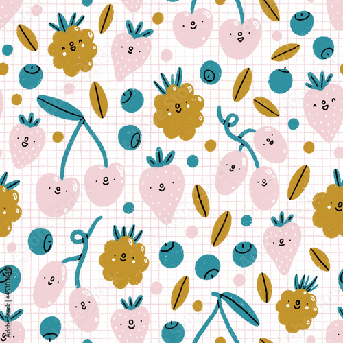 Cute cartoon berries smiling on check tablecloth  pattern illustration
