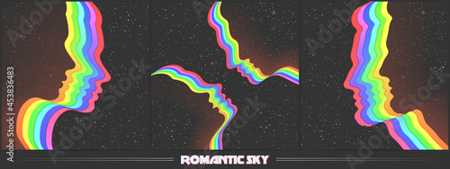Couple silhouette in space. Abstract human faces outline. LGBT rainbow
