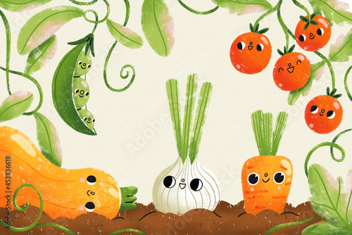 Farm fresh vegetables with cute cartoon faces, illustration