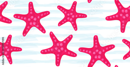 Seamless pattern of blue stripes in watercolor background and with starfish. Vector illustration. Sea theme.