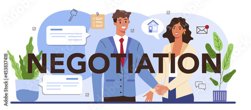 Negotiation typographic header. Real estate agency, property buying