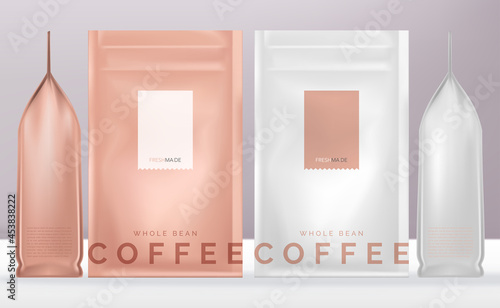 Vector Resealable Glossy Pink or White Product Sachet Pouch or Packet. Minimal design mockup for Snack, Cosmetics, Healthcare, Bath Salts, Gift, Food or Accessory.
