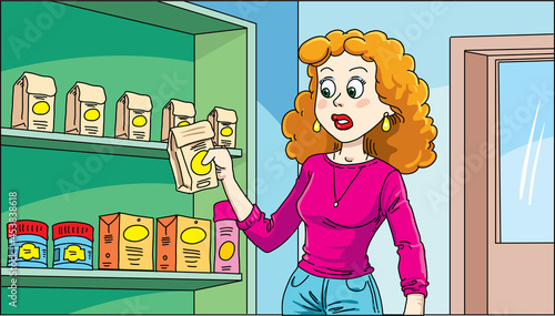 supermarket shelvings with woman buying