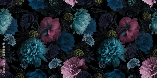 Floral seamless pattern. Multicolored flowers peonies on a black background. photo